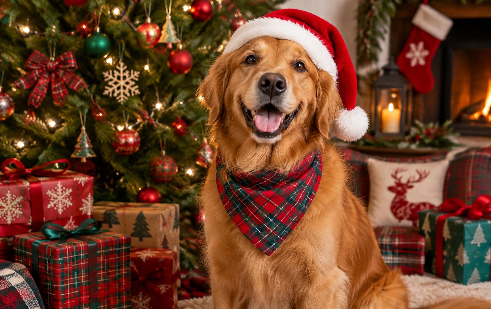 A golden retriever wearing a santa hat and plaid bandana beside a Christmas tree
